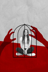 Vertical creative collage banner young sitting girl victim birdcage trapped human villain arms catch capture hurt drawing background