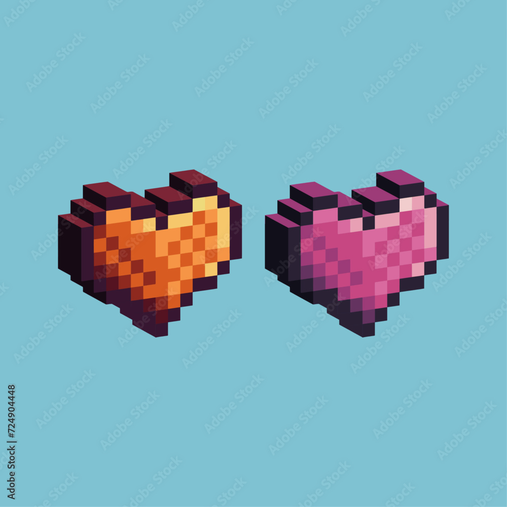 Poster isometric pixel art 3d of heart icon for items asset. heart icon on pixelated style.8bits perfect fo