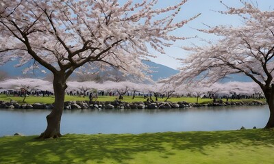 Obraz premium Spring tranquility in a traditional Japanese garden with cherry blossoms. National Japanese holiday - Hanami. Extra wide banner.AI illustration.