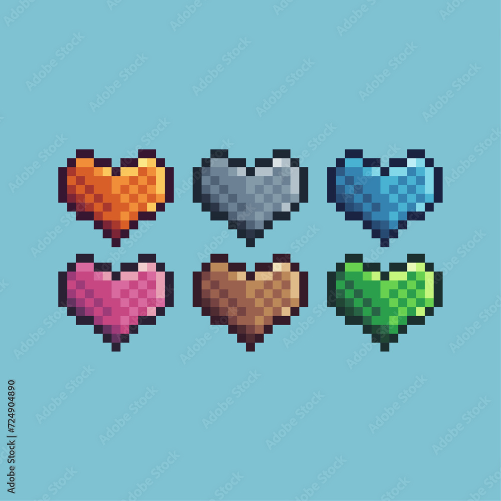 Poster pixel art sets icon of heart variation color. heart icon on pixelated style. 8bits perfect for game 
