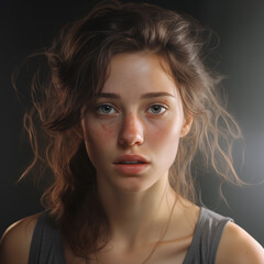 Naklejka premium Portrait of a young girl with freckles on her face. Hyper realistic illustration