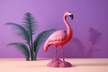 A pink flamingo confidently stands on top of a pink rock, showcasing its vibrant plumage against the contrasting background.