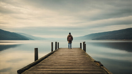 person standing alone on a dock looking out over the vast ocean landscape