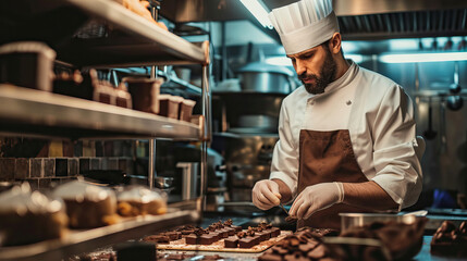 Crafting Excellence: A Male Master Chef Chocolatier Working in an Artisanal Professional Chocolate Laboratory