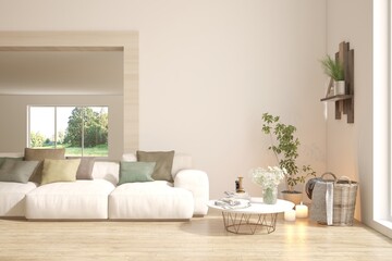 White scandinavian interior design with sofa. 3D illustration