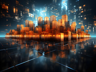 An image of a city made of cubes and neon lights