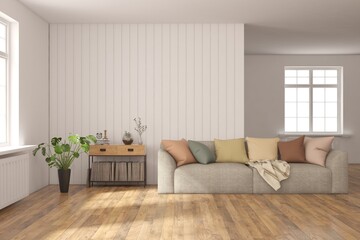 White living room with sofa. Scandinavian interior design. 3D illustration