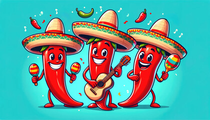 Three smiling chili peppers playing guitar and maracas, wearing sombreros, on a blue background. Cinco de Mayo.Fiesta banner and poster design.