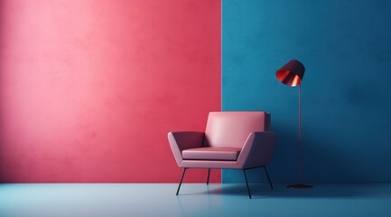 Pièce avec mur éclairé peint en rouge et bleu avec un fauteuil et une lampe, image avec espace pour texte. - obrazy, fototapety, plakaty