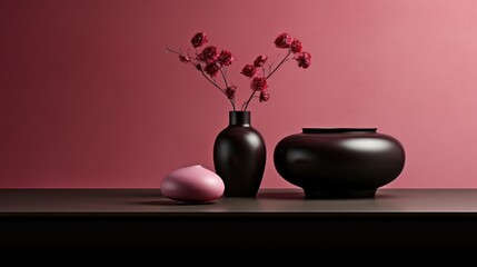 Des pots avec des fleurs posés sur une étagère noire devant un mur rose, image avec espace pour texte.