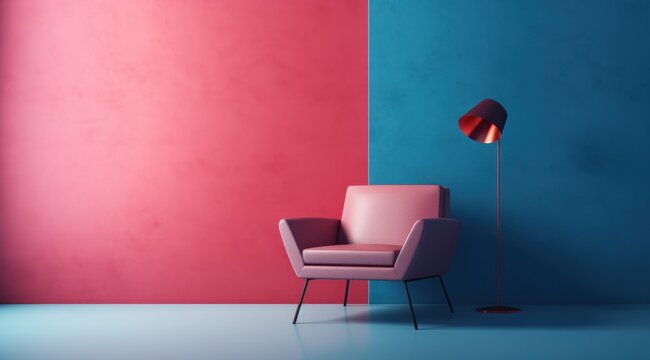Pièce avec mur éclairé peint en rouge et bleu avec un fauteuil et une lampe, image avec espace pour texte.
