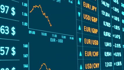 Currency rates, US dollar, Euro, British pound, Japanese yen. Global tading, rising and falling currency charts. EUR, USD, JPY and GBP with prices and percentage changes. 