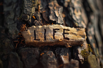 Life Essence - Enigmatic word 'LIFE' written on the textured bark of a tree Gen AI