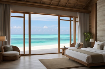Luxury hotel bedroom with a large window that shows stunning view of the turquoise sea and clear sky