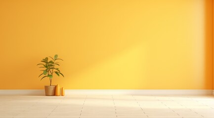 Pièce avec mur éclairé peint en jaune avec des plantes vertes, image avec espace pour texte.
