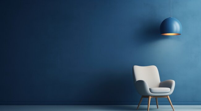 Pi&egrave;ce avec mur &eacute;clair&eacute; peint en bleu avec un fauteuil et une lampe, image avec espace pour texte.