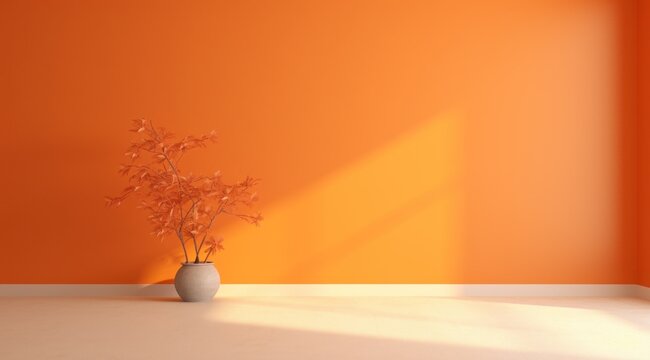 Pièce avec mur éclairé peint en orange avec des plantes, image avec espace pour texte.