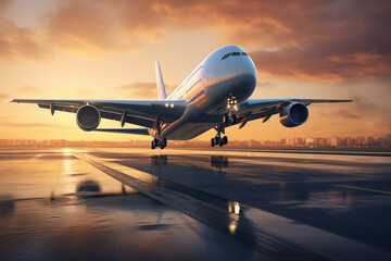 Fototapeta na wymiar Airplane in the airport at sunset. Travel concept. Hyper realistic illustration