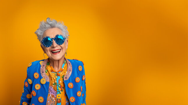 Very bright and happy old woman laughing in stylish glasses on a colored background. Close up shot of positive wrinkled old woman smiles toothily at camera wears glasses stylish outfit applies express