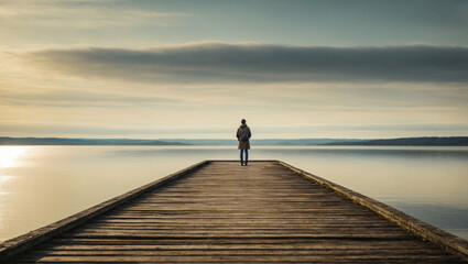 person standing alone on a dock looking out over the vast ocean landscape - obrazy, fototapety, plakaty