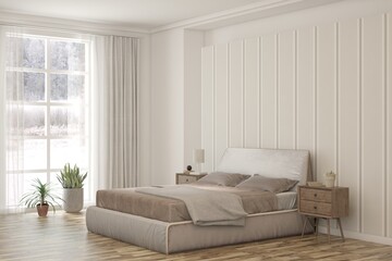 White bedroom concept. Scandinavian interior design. 3D illustration