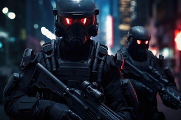 Fototapeta premium Soldiers on Night Patrol in City Streets, Stealth Guardians, Elite troops equipped with high-tech face masks and advanced stealth gear, AI Generated