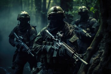 Fototapeta na wymiar Soldiers Marching Through Forest, Stealthy Shadows, Elite soldiers in camouflage uniforms and face masks, seamlessly blending into their surroundings for covert operations, AI Generated