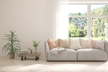 Modern interior concept with sofa and summer landscape in window. 3D illustration