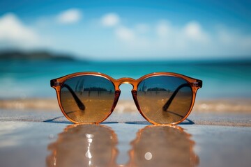 Fototapeta na wymiar A pair of sunglasses sits peacefully on top of a sandy beach, soaking up the warm sunlight, Sunglasses are on the legs on the beach, AI Generated