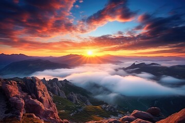 Naklejka premium The Sun Sets Over a Majestic Mountain Range in a Breathtaking Scene of Natural Beauty, Sunrise on a mountain landscape view with clouds, AI Generated