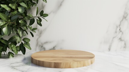 minimalist wooden podium for product display, white marble background