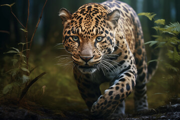 Obraz premium Amur leopard in the forest. Wildlife scene. Hyper realistic illustration