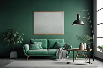 In the interior of a contemporary living room with a green leather sofa and armchair, a floor lamp, and branches in a vase on a wooden coffee table, there is a horizontal blank poster on a green concr
