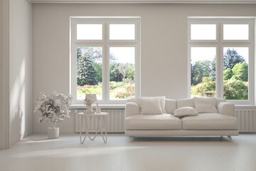 Grey living room concept with sofa and summer landscape in window. Scandinavian interior design. 3D illustration