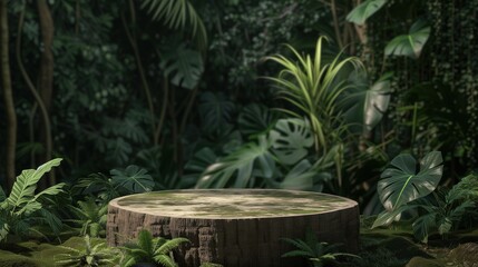 Fototapeta na wymiar Tree trunk podium for product display, jungle forest background