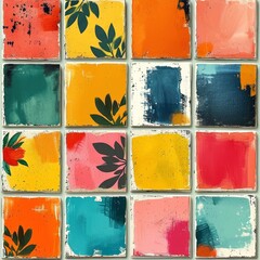 Set of abstract tiles with fruit and vegetables, AI generated