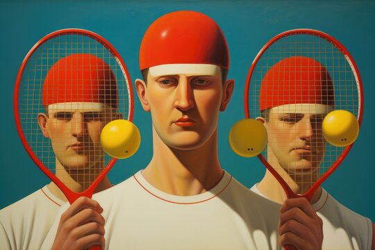An artwork capturing the dynamic scene of three tennis players holding rackets and engaged in a game, Tennis players hold tennis rackets and balls, side view, AI Generated