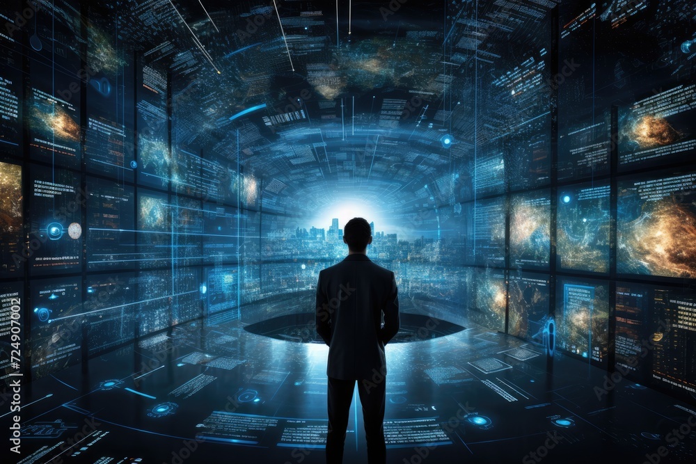 Poster man standing in front of wall of monitors monitoring multiple screens, the concept of cyber security