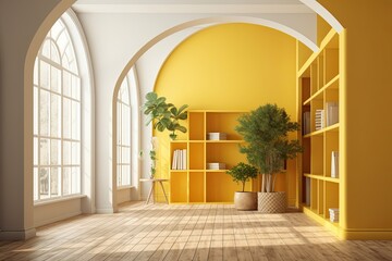 Yellow toned interior design background concept idea. Plaster walls, parquet floors, and a wooden arching bookshelf decorate an empty living room. potted plants, books, and décor