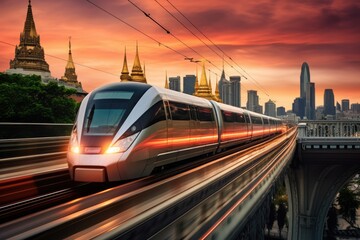 A high speed train races through a bustling city, leaving a trail of motion blur in its wake, The high-speed train in Bangkok, Thailand, races through the city, AI Generated