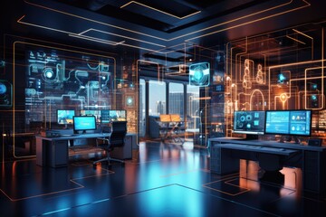 A high-tech office space filled with a multitude of computers and advanced technology, The interior of a modern computer room is depicted in a 3D rendering with a toned image, AI Generated