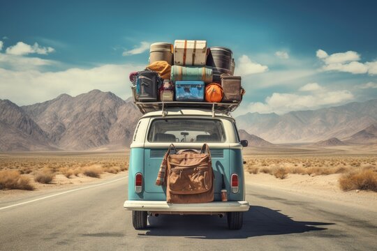 An antique Volkswagen bus parked on the roadside, displaying luggage secured on its roof rack.
