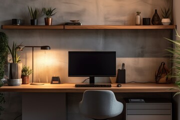 Desk Setup With Monitor, Keyboard, and Lamp for Productivity, The modern home office interior features a computer, supplies, and decorations, providing a mock-up setting, AI Generated