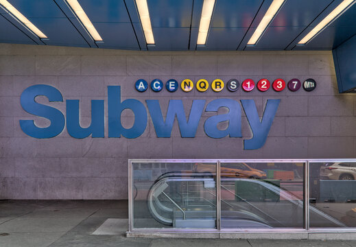 Subway entrance at the 42nd street times square MTA stop of the New York City metro.