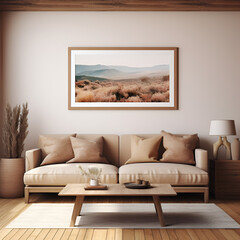 A living room with white wall decor and an empty 2:3 proportion framed artwork