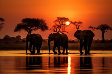 Fototapeta na wymiar A group of elephants making their way across a water body, The silhouette of elephants at sunset in Chobe National Park, Botswana, Africa, creates a stunning scene, AI Generated