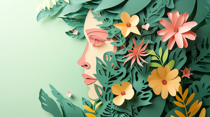 Paper Cut Illustration of Face and Flowers for International Women's Day