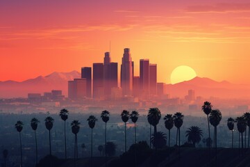 City Skyline With Palm Trees, Urban Paradise at Sunset, The skyline of Los Angeles at sunrise in California, USA, is presented as a 3D rendering, AI Generated