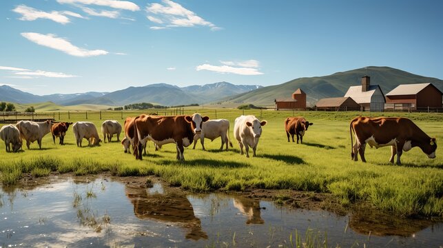 Cows grazing around farm