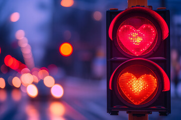 Urban Love Signal, Heart-Shaped Red Traffic Light in Cityscape - obrazy, fototapety, plakaty